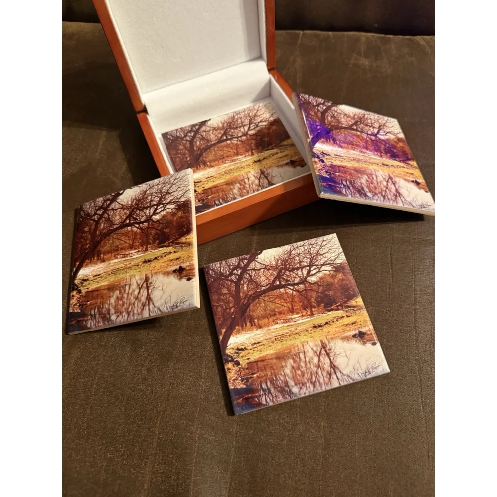 Nature Scenic Themed Wooden Lacquered Coaster Box Matching Set Of 4 Coasters